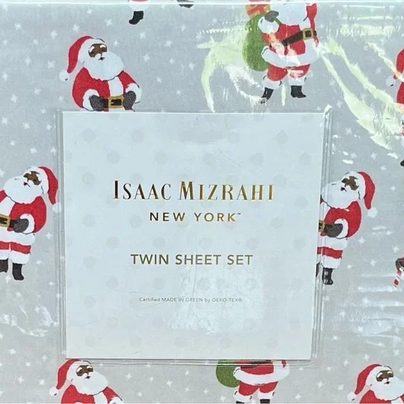 ISAAC MIZRAHI TWIN SHEET SET AFRICAN AMERICAN SANTA PRINT - Picture 3 of 3